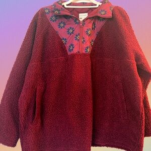 Vera Bradley Red Burgandy Sherpa Half-Zip Pullover with Floral Yoke